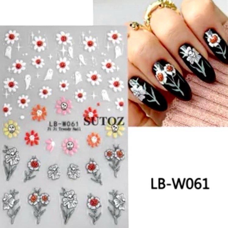Halloween Nail Art Stickers - Spooky Flowers, Spider Webs, Ghosts, and Skulls - Pack of 5 with Decal Album