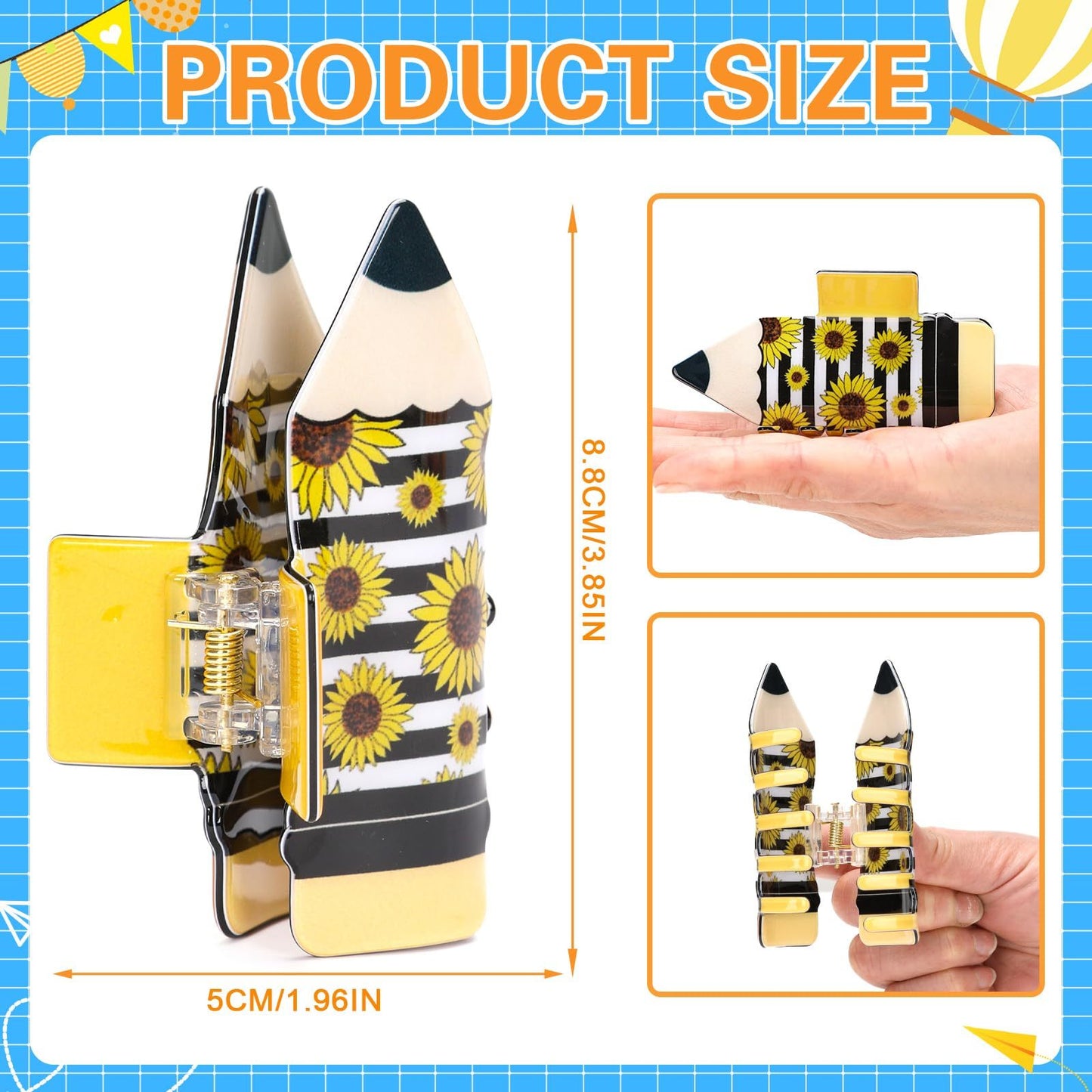 4Pcs Pencil Hair Clips Back To School Hair Accessories For Women Sunflower Leopard Stripe Hair Claw Clips Non Slip Hairpin For Thick Thin Hair School Opens Season Teachers Outfit Decor-Clearance