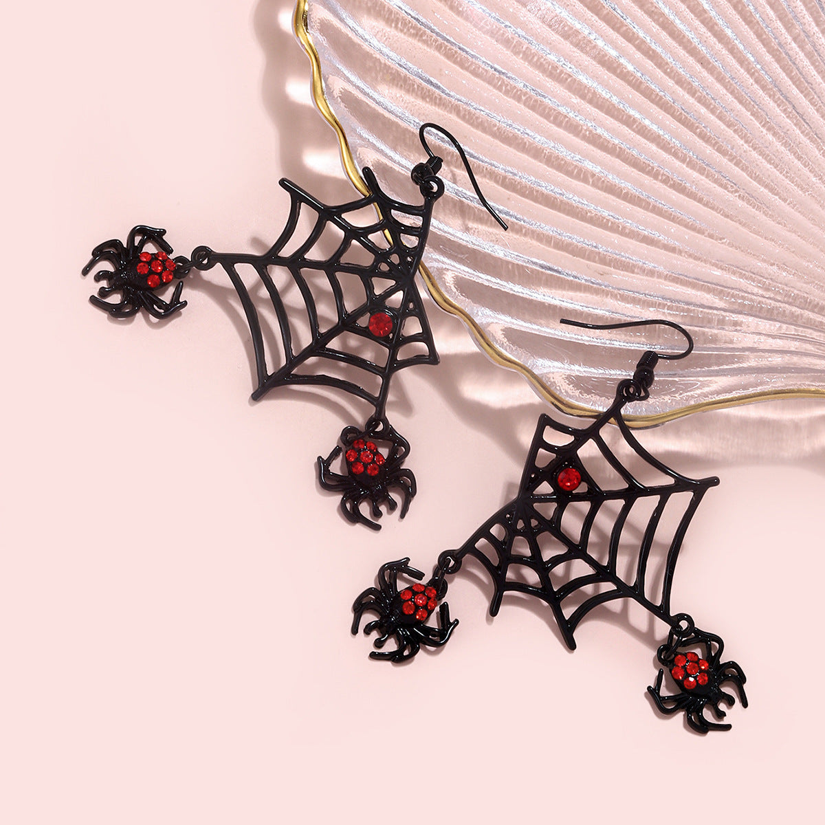 Creative Handmade Spider Web Earrings with Faux Rubies – Dangling Red Rhinestone Spiders, High-End Alloy Jewelry