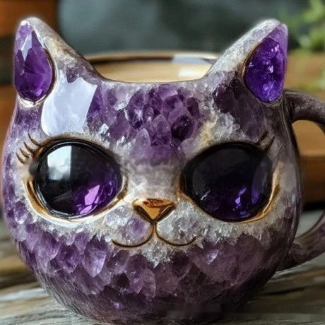 Cute Cat Shaped Mug With Geode Crystal Cat Eyes Cup Resin Handmade Crafts