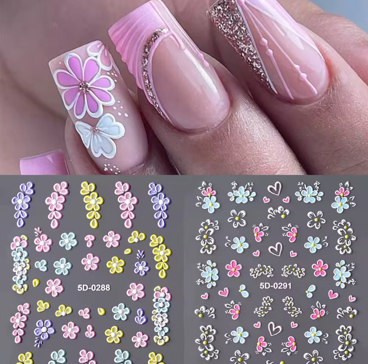 6PK 5D Embossed Flowers Nail Art Stickers Petals Decals Spring Summer Nail Decor