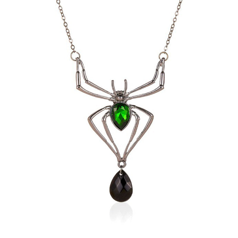 Green Jeweled Halloween Spider Jewelry Set — Vintage Geometric Pendant Necklace with Ring & Earrings (3 pc)