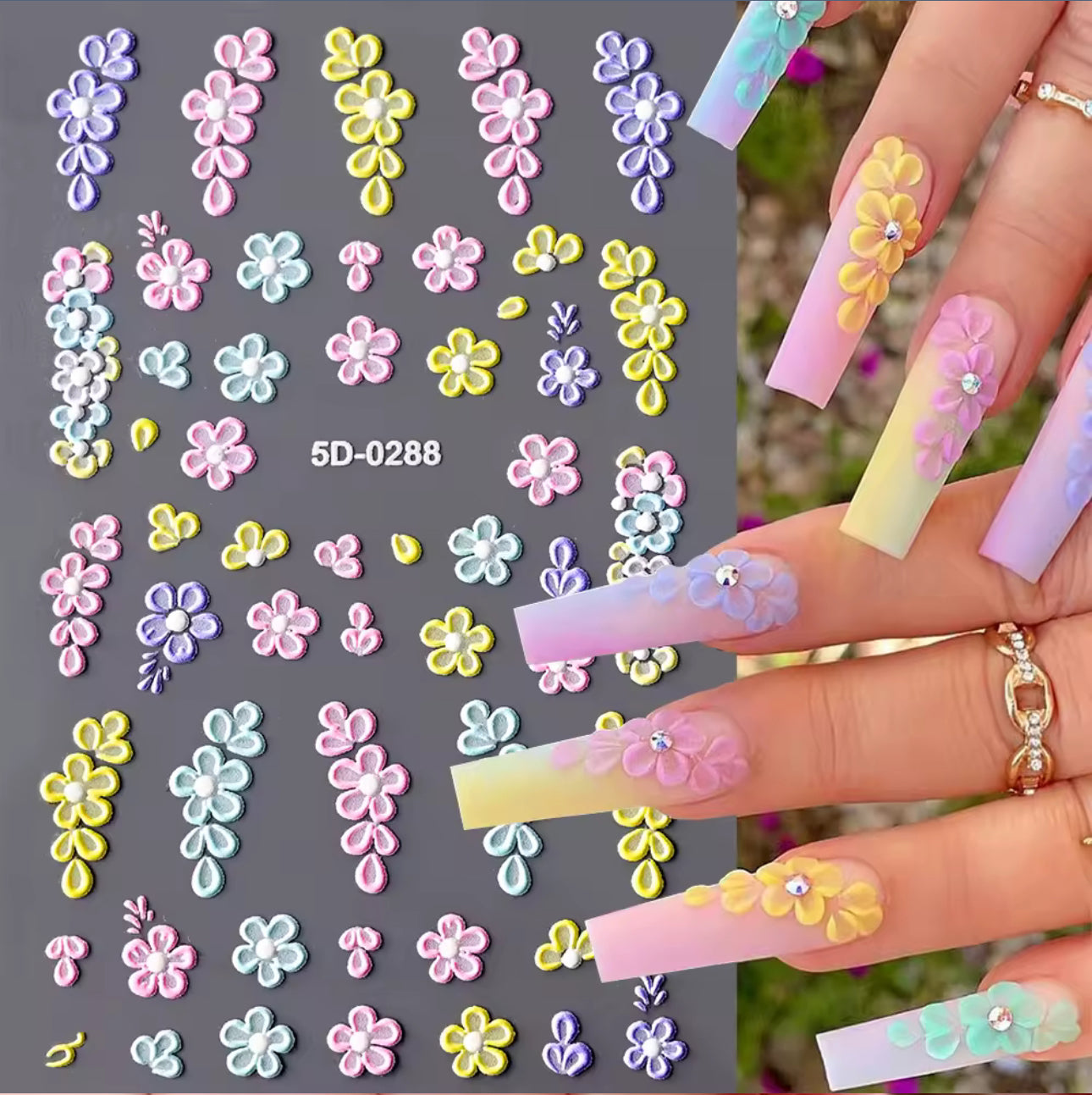 6PK 5D Embossed Flowers Nail Art Stickers Petals Decals Spring Summer Nail Decor