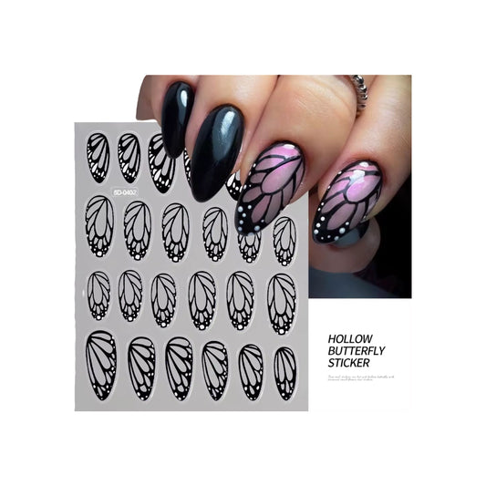 12pk-Pink Black & White Hollow Butterfly Wings Nail Art Stickers – 3D Elegant Butterfly Decals for DIY Nails