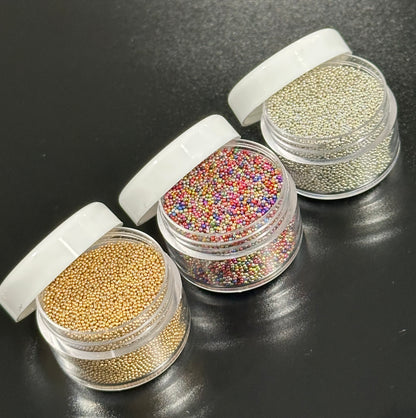 3pc Gold Silver & Colorful 0.4mm Metallic Caviar Nail Beads – 3 Jars for 3D Nail Art, DIY Nail Design, Nail Accessories