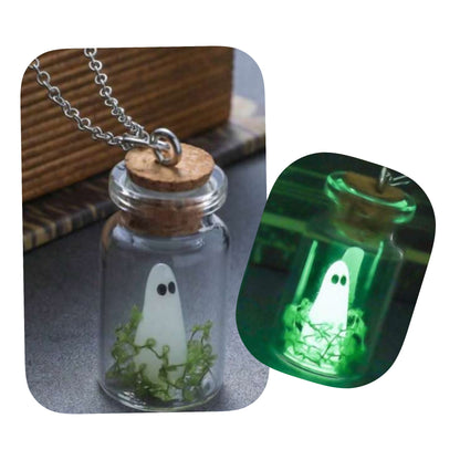 Glows-in-the-Dark Ghost in a Bottle Necklace – Handmade Halloween Pendant, Adjustable Dainty Ghost Charm