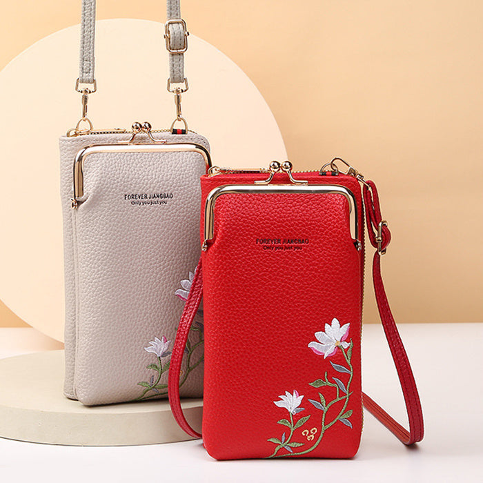 Flower Embroidery Phone Bag With Kiss Lock Closure - Buckle Outdoor Long Wallet -Fashion Shoulder And Crossbody Bags