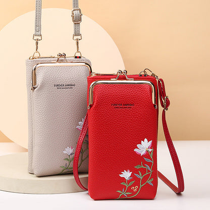 Flower Embroidery Phone Bag With Kiss Lock Closure - Buckle Outdoor Long Wallet -Fashion Shoulder And Crossbody Bags