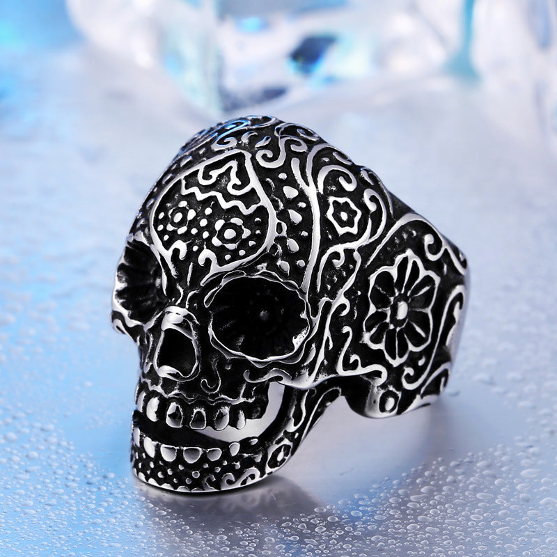 Trendy Skull Ring – Trendy Titanium Steel Band, Ancient Silver Finish, Unisex Punk Ring, Electroplated Urban Jewelry, Gift for Travel/Commemoration