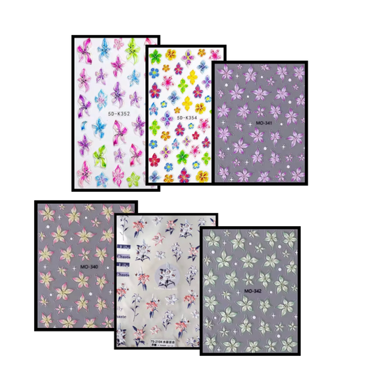 6-Pack 5D Embossed Floral Nail Art Stickers – Lily, Orchid, & Hibiscus Flowers