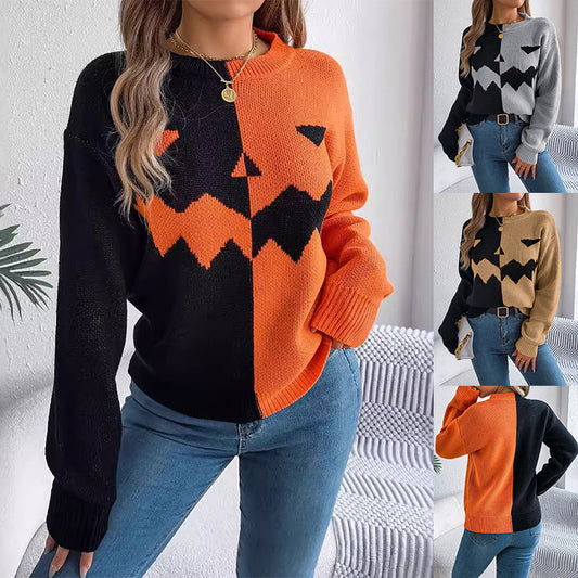 Halloween Contrast-Color Pumpkin Face Pullover Sweater Fashion | Long Sleeve Knitted Tops For Women's Clothing