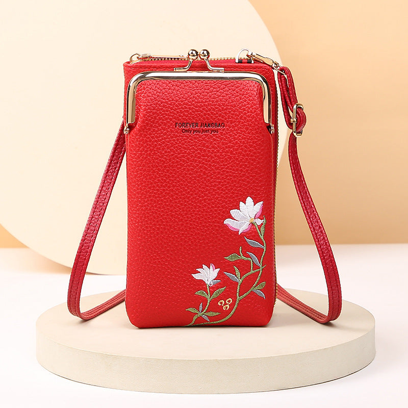 Flower Embroidery Phone Bag With Kiss Lock Closure - Buckle Outdoor Long Wallet -Fashion Shoulder And Crossbody Bags