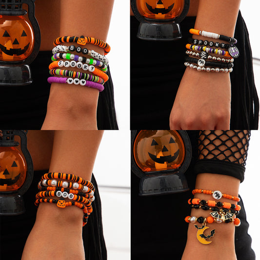 Unisex Fun Halloween Themed Bracelet - Bats and pumpkins Bead Bracelet - Mixed Color Beads - Original Design