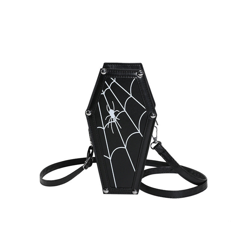 Coffin-shape Shoulder Bag w/ Gothic Ghost Face and Spider Web Design | Messenger Crossbody Bag | Unique Phone Bag For All!