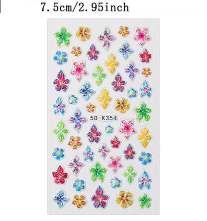 6-Pack 5D Embossed Floral Nail Art Stickers – Lily, Orchid, & Hibiscus Flowers