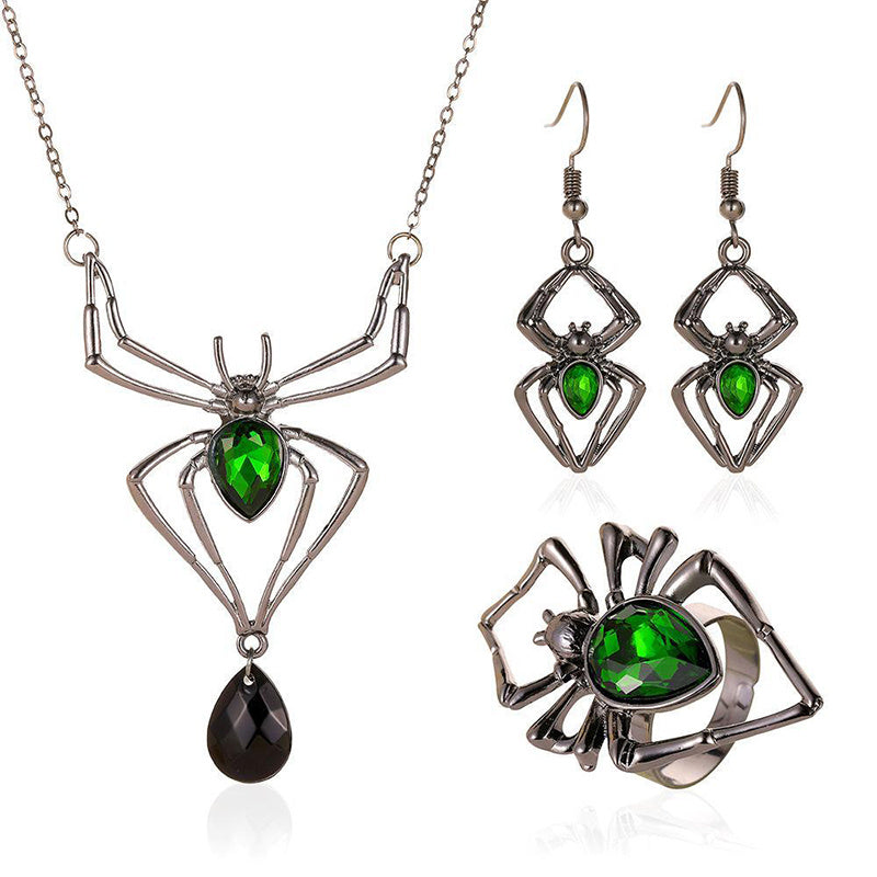 Green Jeweled Halloween Spider Jewelry Set — Vintage Geometric Pendant Necklace with Ring & Earrings (3 pc)
