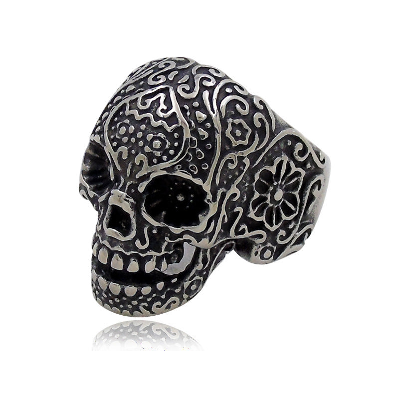 Trendy Skull Ring – Trendy Titanium Steel Band, Ancient Silver Finish, Unisex Punk Ring, Electroplated Urban Jewelry, Gift for Travel/Commemoration