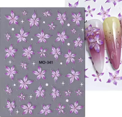 6-Pack 5D Embossed Floral Nail Art Stickers – Lily, Orchid, & Hibiscus Flowers