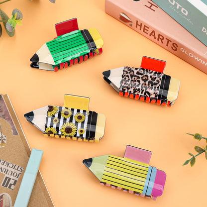 4Pcs Pencil Hair Clips Back To School Hair Accessories For Women Sunflower Leopard Stripe Hair Claw Clips Non Slip Hairpin For Thick Thin Hair School Opens Season Teachers Outfit Decor-Clearance