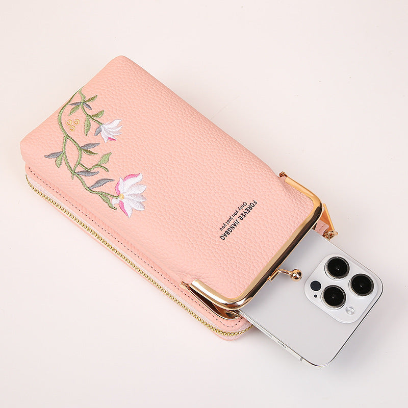 Flower Embroidery Phone Bag With Kiss Lock Closure - Buckle Outdoor Long Wallet -Fashion Shoulder And Crossbody Bags