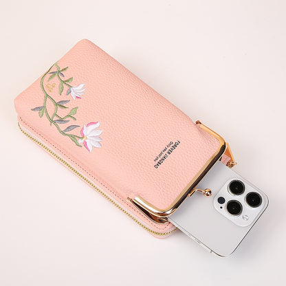 Flower Embroidery Phone Bag With Kiss Lock Closure - Buckle Outdoor Long Wallet -Fashion Shoulder And Crossbody Bags