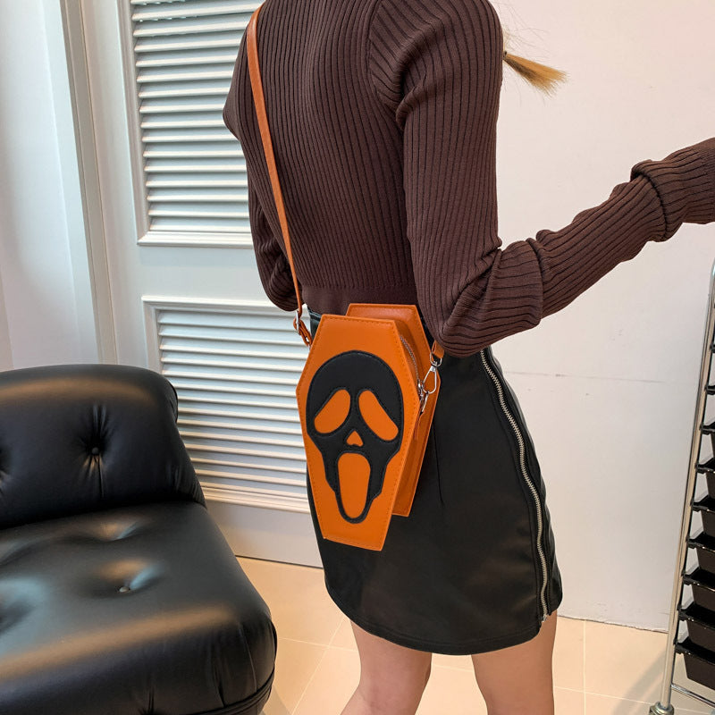 Coffin-shape Shoulder Bag w/ Gothic Ghost Face and Spider Web Design | Messenger Crossbody Bag | Unique Phone Bag For All!