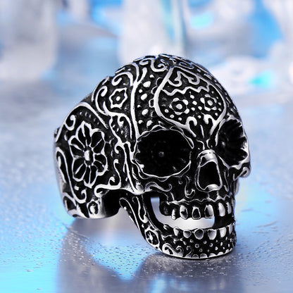 Trendy Skull Ring – Trendy Titanium Steel Band, Ancient Silver Finish, Unisex Punk Ring, Electroplated Urban Jewelry, Gift for Travel/Commemoration