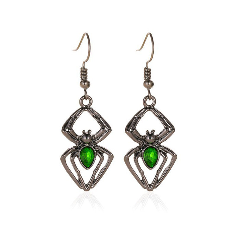 Green Jeweled Halloween Spider Jewelry Set — Vintage Geometric Pendant Necklace with Ring & Earrings (3 pc)