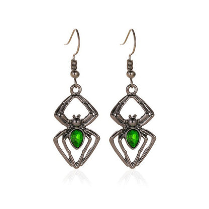 Green Jeweled Halloween Spider Jewelry Set — Vintage Geometric Pendant Necklace with Ring & Earrings (3 pc)