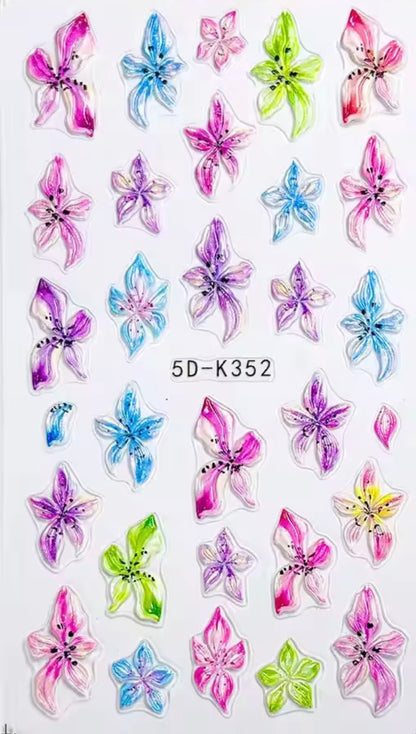 6-Pack 5D Embossed Floral Nail Art Stickers – Lily, Orchid, & Hibiscus Flowers