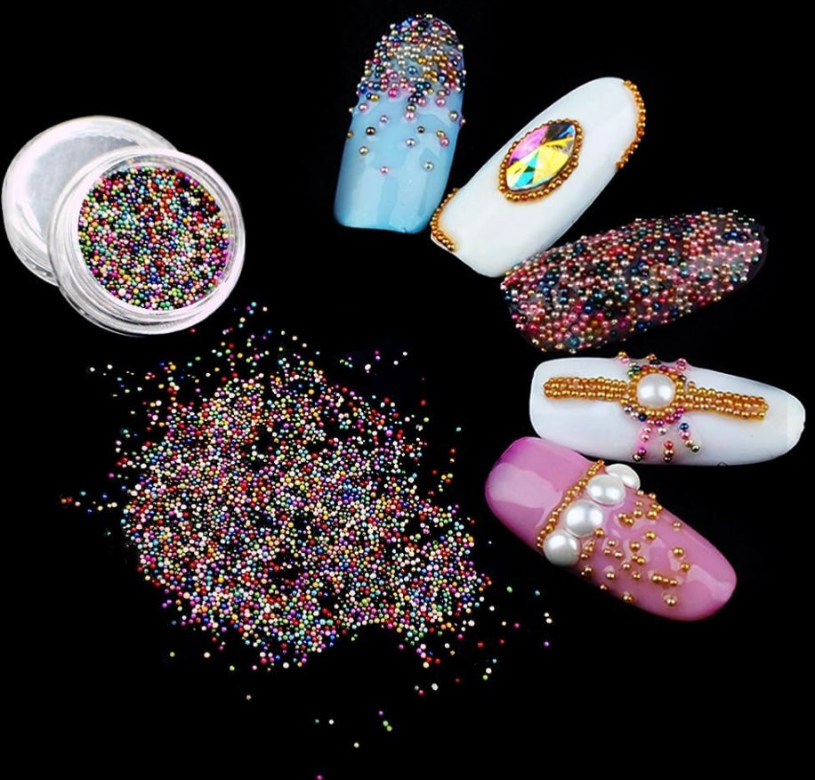 3pc Gold Silver & Colorful 0.4mm Metallic Caviar Nail Beads – 3 Jars for 3D Nail Art, DIY Nail Design, Nail Accessories