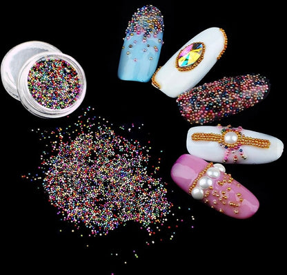 3pc Gold Silver & Colorful 0.4mm Metallic Caviar Nail Beads – 3 Jars for 3D Nail Art, DIY Nail Design, Nail Accessories