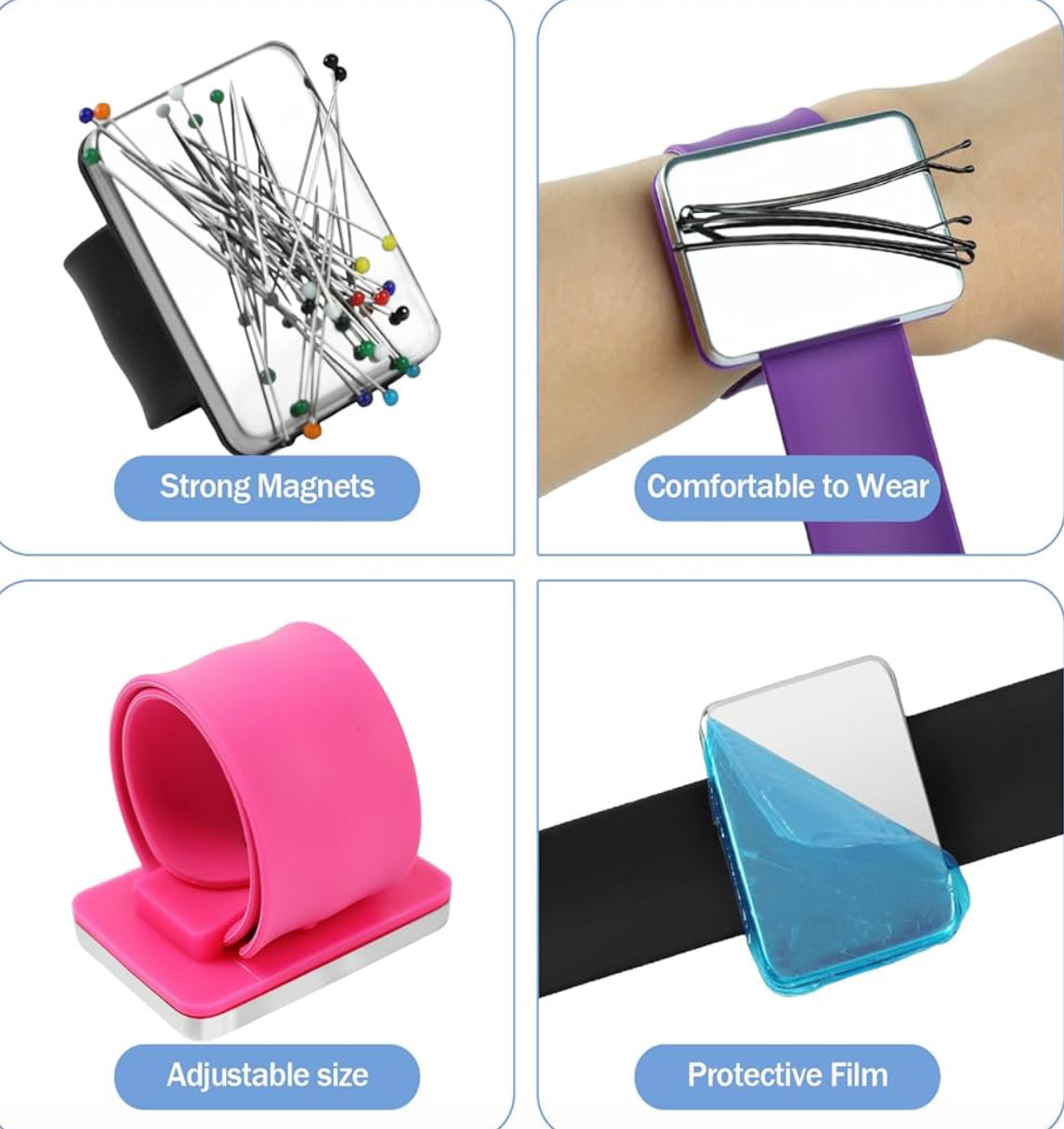 8 Pcs Hair Styling Tools Set Magnetic Gel & Silicone Wristband for Stylists, Braiders and Crafters—Wrist Strap, 1 Rat Tail Comb and 6 Plastic Clips