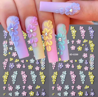6PK 5D Embossed Flowers Nail Art Stickers Petals Decals Spring Summer Nail Decor
