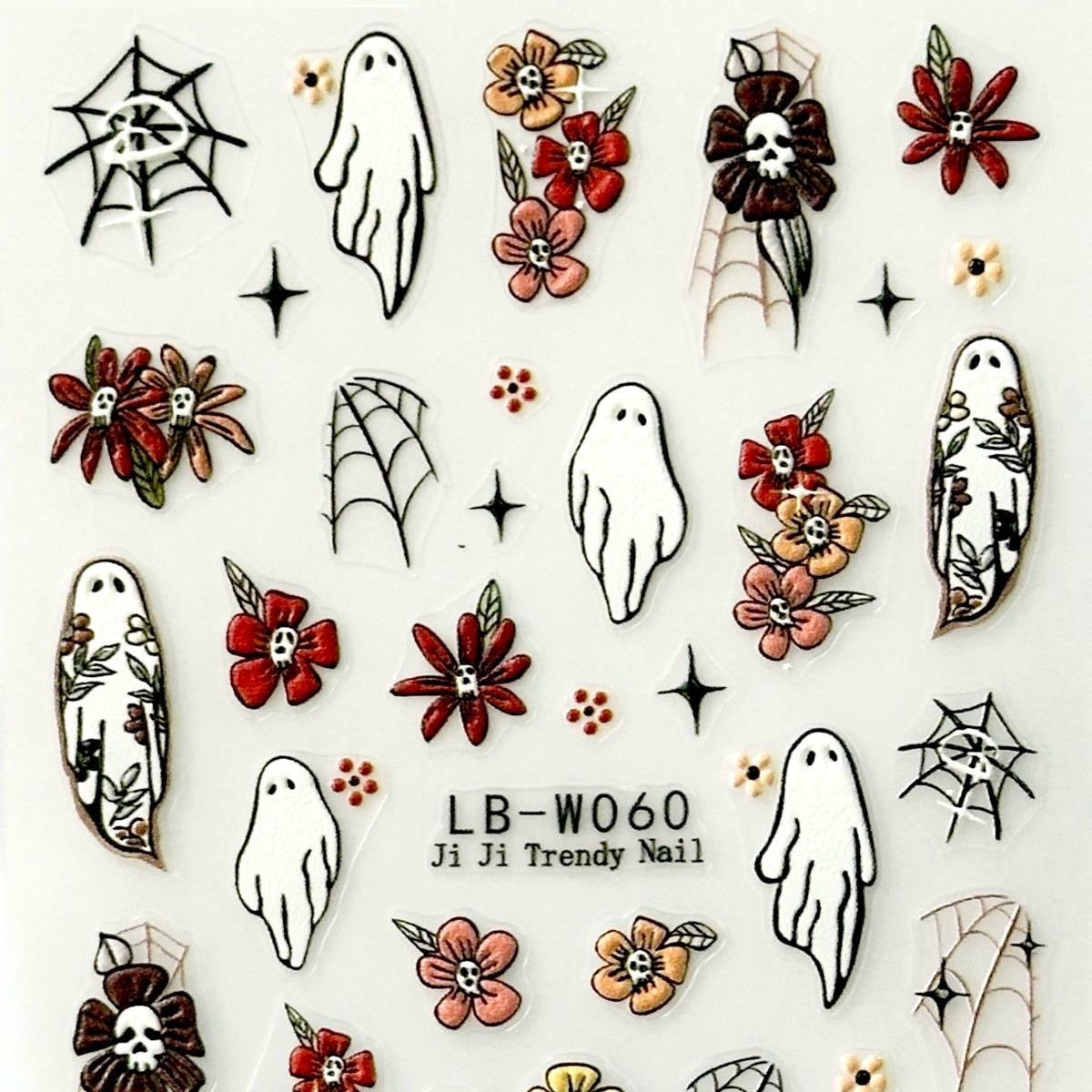 Halloween Nail Art Stickers - Spooky Flowers,  Spider Webs, Ghosts, and Skulls - Pack of 5 with Decal Album