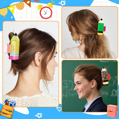4Pcs Pencil Hair Clips Back To School Hair Accessories For Women Sunflower Leopard Stripe Hair Claw Clips Non Slip Hairpin For Thick Thin Hair School Opens Season Teachers Outfit Decor-Clearance