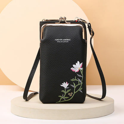 Flower Embroidery Phone Bag With Kiss Lock Closure - Buckle Outdoor Long Wallet -Fashion Shoulder And Crossbody Bags