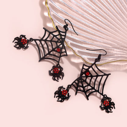 Creative Handmade Spider Web Earrings with Faux Rubies – Dangling Red Rhinestone Spiders, High-End Alloy Jewelry