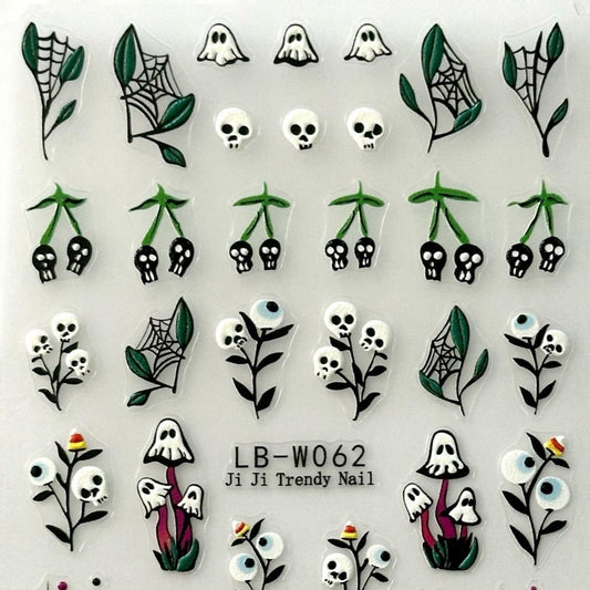 Halloween Nail Art Stickers - Spooky Flowers,  Spider Webs, Ghosts, and Skulls - Pack of 5 with Decal Album