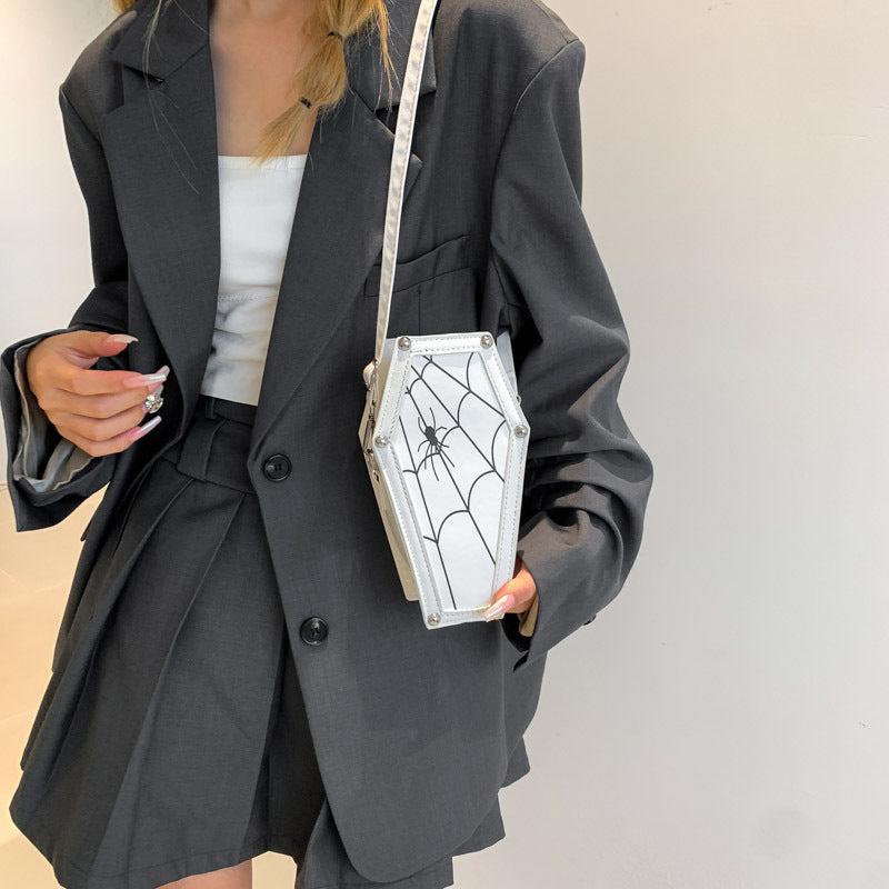 Coffin-shape Shoulder Bag w/ Gothic Ghost Face and Spider Web Design | Messenger Crossbody Bag | Unique Phone Bag For All!