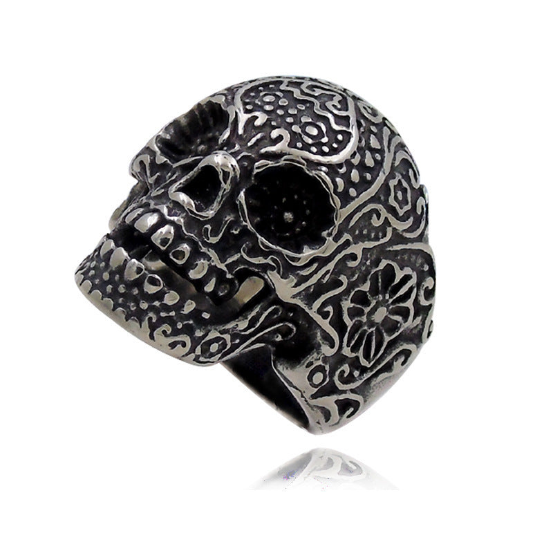 Trendy Skull Ring – Trendy Titanium Steel Band, Ancient Silver Finish, Unisex Punk Ring, Electroplated Urban Jewelry, Gift for Travel/Commemoration
