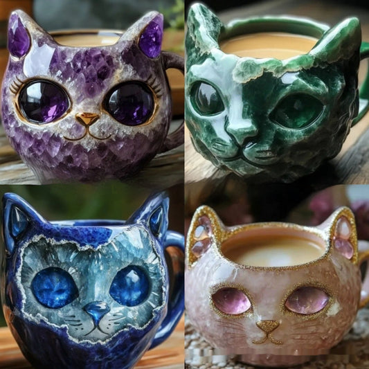 Cute Cat Shaped Mug With Geode Crystal Cat Eyes Cup Resin Handmade Crafts