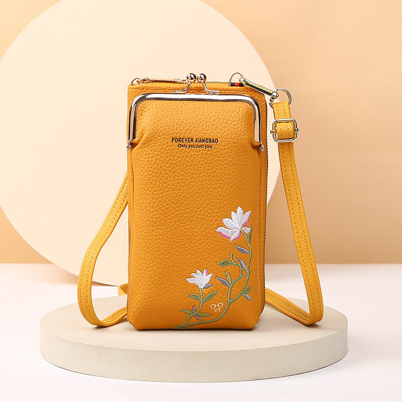 Flower Embroidery Phone Bag With Kiss Lock Closure - Buckle Outdoor Long Wallet -Fashion Shoulder And Crossbody Bags