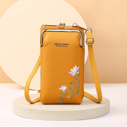 Flower Embroidery Phone Bag With Kiss Lock Closure - Buckle Outdoor Long Wallet -Fashion Shoulder And Crossbody Bags