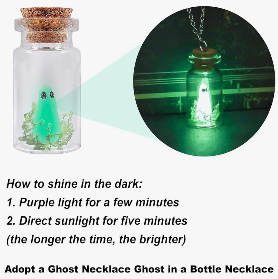 Glows-in-the-Dark Ghost in a Bottle Necklace – Handmade Halloween Pendant, Adjustable Dainty Ghost Charm
