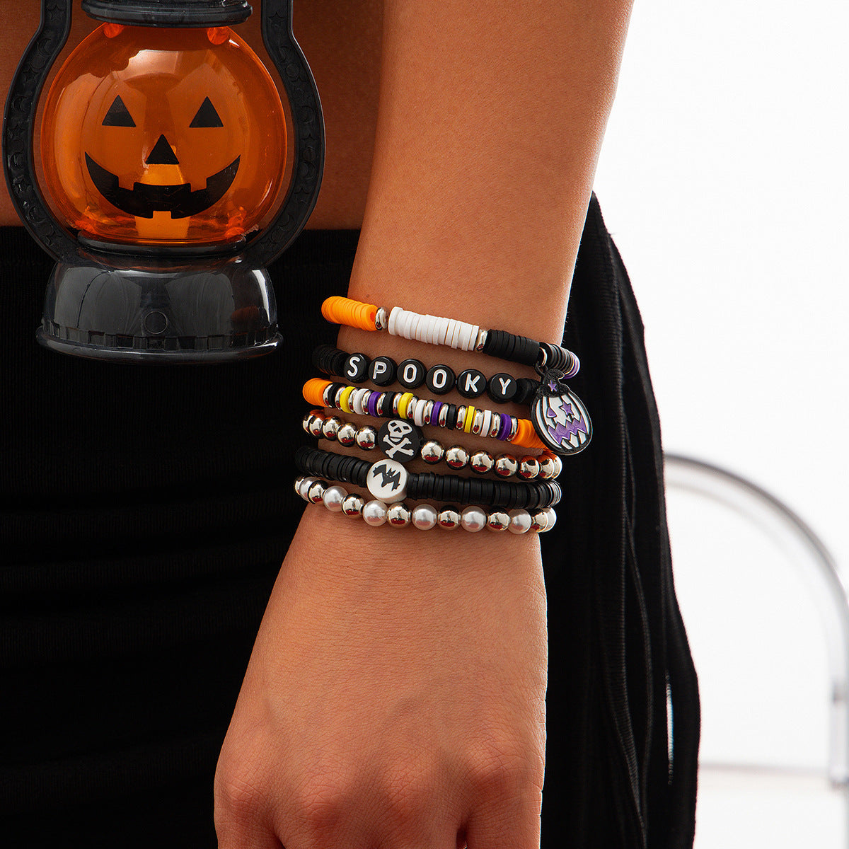 Unisex Fun Halloween Themed Bracelet - Bats and pumpkins Bead Bracelet - Mixed Color Beads - Original Design