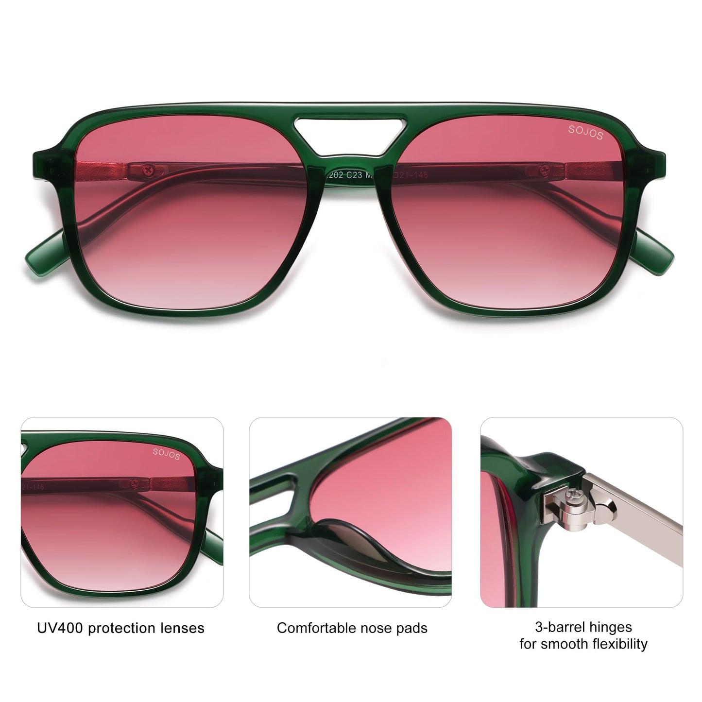 SOJOS Retro Aviator Sunglasses for Women Men,Trendy Rectangle Womens Mens Shades Sun Glasses SJ2202