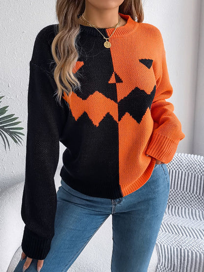 Halloween Contrast-Color Pumpkin Face Pullover Sweater Fashion | Long Sleeve Knitted Tops For Women's Clothing