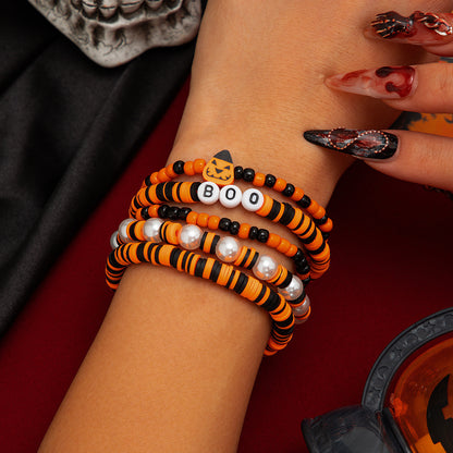 Unisex Fun Halloween Themed Bracelet - Bats and pumpkins Bead Bracelet - Mixed Color Beads - Original Design