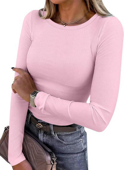 ANRABESS Women Long Sleeve Shirts Rib Knit Slim Fit Tops Basic Tee 2025 Fall Outfits Casual T-Shirt Underscrubs Layer Clothes